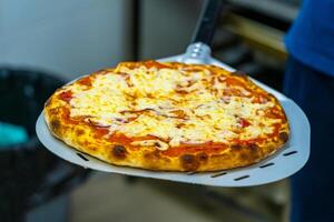 Yummy close up of pizza. Close up view of tasty grilled lunch with cheese. photo