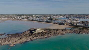 Saint Malo City, France flying over the beach and spring video