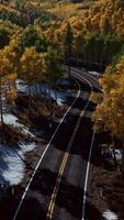 Aerial over a winding forest road in Finland during sunset video