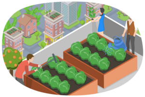 3D Isometric Flat Conceptual Illustration of Urban Rooftop Farming png