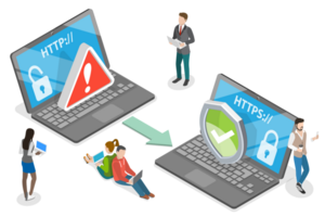 3d isométrica plano conceptual ilustración de http vs https protocolo png