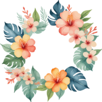 beautiful watercolor blooming flower garland clipart, floral design element for invitation card, Hawaii, spring, summer decoration, wedding, mother, vintage, graduation, mockup, tropical botany png