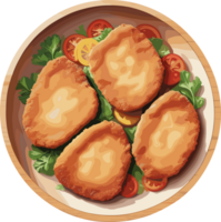 waterverf heerlijk diep gebakken varkensvlees schnitzels in houten bord, voedsel clip art voor kinderen, eigengemaakt recept, knapperig, Koken, calorieën, gewicht controle, infografisch, bedriegen dag, keuken, knapperig, voeding png