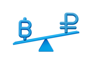 3d Blau baht und Rubel Symbol Symbole mit 3d Blau Balance Gewicht Wippe, 3d Illustration png