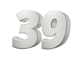 Silver 3d numbers 39 Thirty nine. 3d illustration png