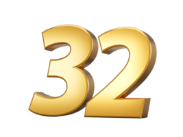 Golden metallic Number 32 Thirty two, 3d illustration png