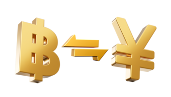 3d gouden baht en yen symbool pictogrammen met geld uitwisseling pijlen, 3d illustratie png