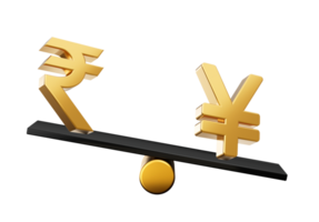 3d Golden Indian Rupee And Yen Symbol Icons With 3d Black Balance Weight Seesaw, 3d illustration png