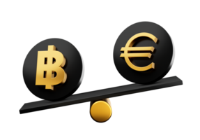 3d Golden Baht And Euro Symbol On Rounded Black Icons With 3d Balance Weight Seesaw, 3d illustration png