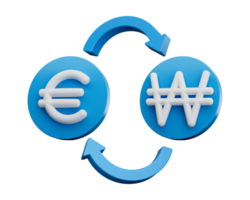 3d blanc euro et a gagné symbole sur arrondi bleu Icônes avec argent échange flèches, 3d illustration png