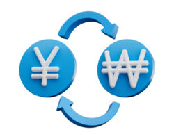 3d blanc yen et a gagné symbole sur arrondi bleu Icônes avec argent échange flèches, 3d illustration png