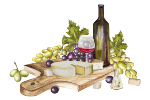 Watercolor illustration, wine composition with a bottle of wine, different types of cheese and grapes. Wine set for various designs. png