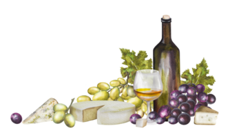 Watercolor illustration, wine composition with a bottle of wine, different types of cheese and grapes. Wine set for various designs. png