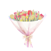 acuarela ilustración de un ramo de flores de vistoso tulipanes ramo de flores de hecho a mano tulipanes primavera saludo tarjeta concepto. png