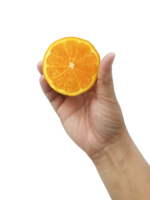 hand holding slice of orange, transparent background png