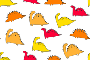 Seamless pattern with orange cartoon doodle dino. Childish endless background for textile, wrapping paper, nursery. Dinosaur background png