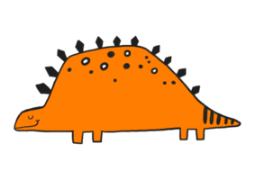 Orange cartoon hand drawn doodle dinosaur with leaves. Dino monster. Card for children. Childish composition png