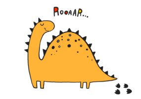 Orange cartoon hand drawn doodle dinosaur with leaves. Dino monster. Card and poster for children. Childish composition with brontosaurus png