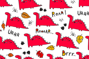 Seamless pattern with red cartoon doodle dino. Childish endless background for textile, wrapping paper, nursery. Dinosaur background for baby png