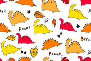 Seamless pattern with orange cartoon doodle dino. Childish endless background for textile, wrapping paper, nursery. Dinosaur and botanical background png