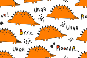 Seamless pattern with cartoon doodle dino. Childish endless background for textile, wrapping paper, nursery. Dinosaur background for baby png