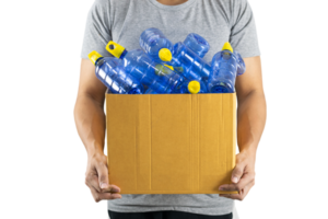 Man holding a box of recycled plastic bottles, file png