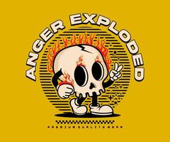 retro cartoon burning skull character illustration with anger exploded slogan graphic for apparel prints, posters and other uses. vector