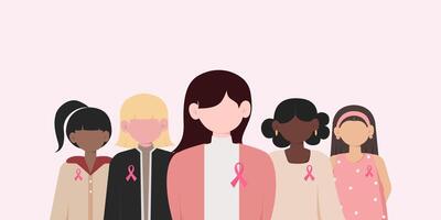 breast cancer awareness month for disease prevention campaign and diverse ethnic women group together with pink support ribbon symbol on chest concept, illustration vector