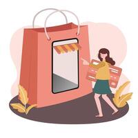 en línea compras concepto, comercio electrónico, destello venta, descuento, pago sin efectivo, digital, plano ilustración vector