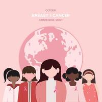pecho cáncer conciencia mes para enfermedad prevención Campaña y diverso étnico mujer grupo juntos con rosado apoyo cinta símbolo en cofre concepto, ilustración vector