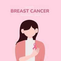 breast cancer awareness month for disease prevention campaign and woman with pink support ribbon symbol on chest concept, illustration vector