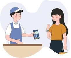 cliente utilizar móvil sin efectivo pago sistema o escanear qr código. caracteres utilizando virtual crédito tarjeta en reloj inteligente. mano pago con pos terminales y nfc tecnología. ilustración vector