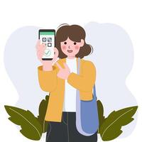 sin efectivo pago sistema. personas utilizar teléfono para escanear y pagar con qr código. los compradores pago por móvil aplicación en teléfono inteligente vía pos Terminal. plano ilustración vector