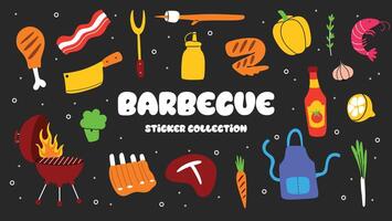 BBQ party sticker set. Barbecue or picnic tools. vector