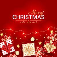 Merry christmas and happy new year greeting card with realistic red decoration vector