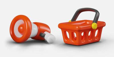 Cartoon composition of megaphone and shopping basket in red colors vector