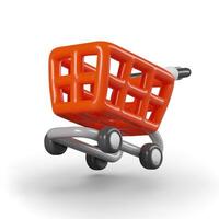 Red shopping cart is in hurry for shopping. Empty trolley in cartoon style vector