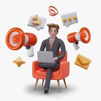 Young business worker sitting on armchair, holding laptop and working vector