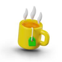 Yellow cup with tea bag. Advertising concept for warming drink. Green, herbal tea vector