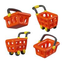 Set of shopping baskets and carts in different positions. Red shopping bags vector