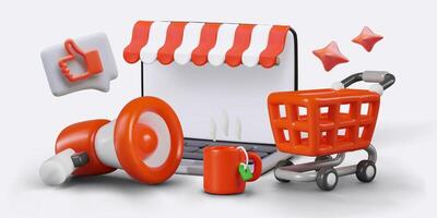 Open laptop, red megaphone, cup with hot tea, shopping cart vector