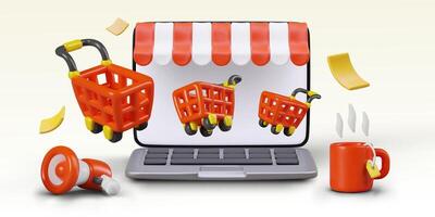 Composition with flying shopping cart, open laptop, megaphone, and red cup with tea vector