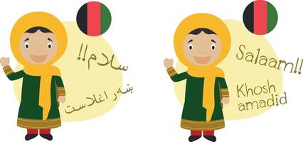 illustration of cartoon characters saying hello and welcome in Pashto and its transliteration into latin alphabet vector