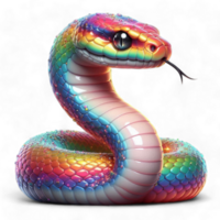 This colorful snake, depicted in a cartoon-style, 3D image, features a vibrant rainbow pattern, suitable for game assets on a transparent background. Generated Ai png