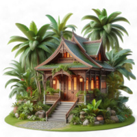 An Oriental-style house with a porch and steps, showcasing intricate architectural details. Generated Ai png