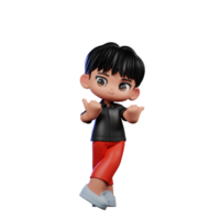 3d cartone animato personaggio con un' nero camicia e rosso pantaloni puntamento a lato posa png