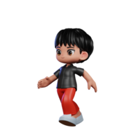 3d desenho animado personagem com uma Preto camisa e vermelho calça corrida pose png