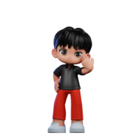 3d desenho animado personagem com uma Preto camisa e vermelho calça apontando às ele pose png