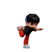 3d desenho animado personagem com uma Preto camisa e vermelho calça em pé 1 perna pose png