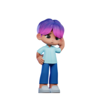 3d Cartoon Character with a Purple Hair and Blue Pants Worry Pose png